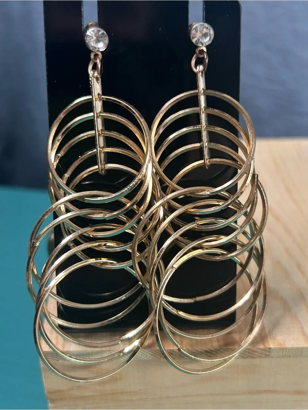 Three Pair of Gold Tone Art Deco Statement Dangle Drop Earrings